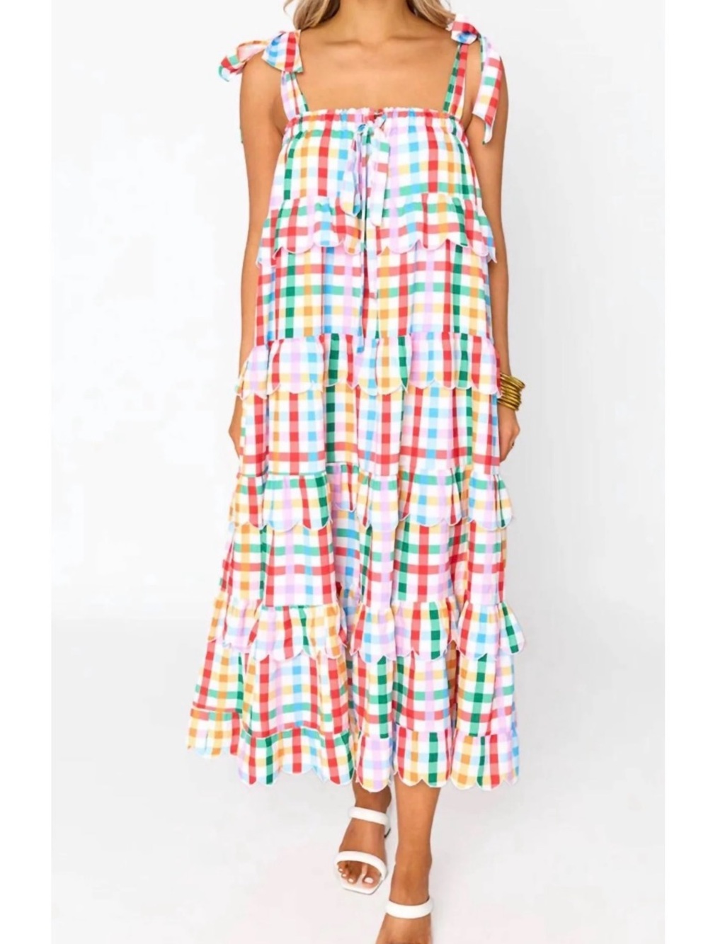 Buddy Love Landon Tie Shoulder Multicolor Gingham Tiered Maxi Dress
